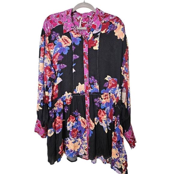 Free People black with colorful floral tunic blouse. Size M.  NWT. - Picture 1 of 5